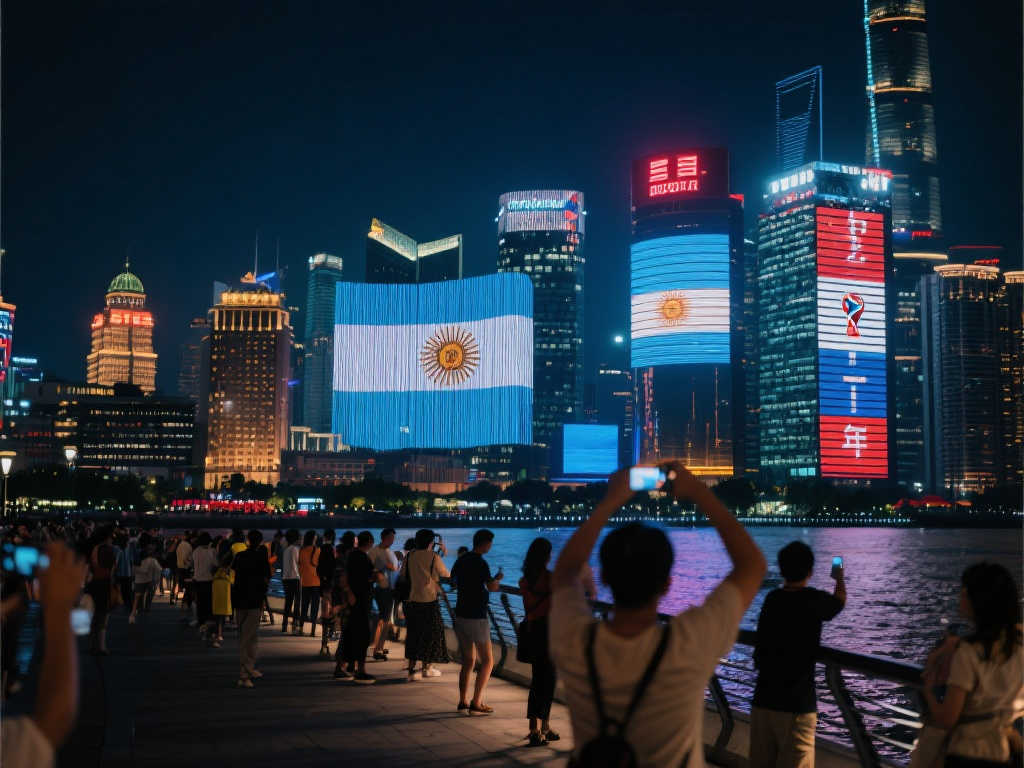 上海黄浦江畔城市地标点亮阿根廷色彩,致敬世界杯冠军一周年 上海黄浦江畔城市地标点亮阿根廷色彩,致敬世界杯冠军一周年